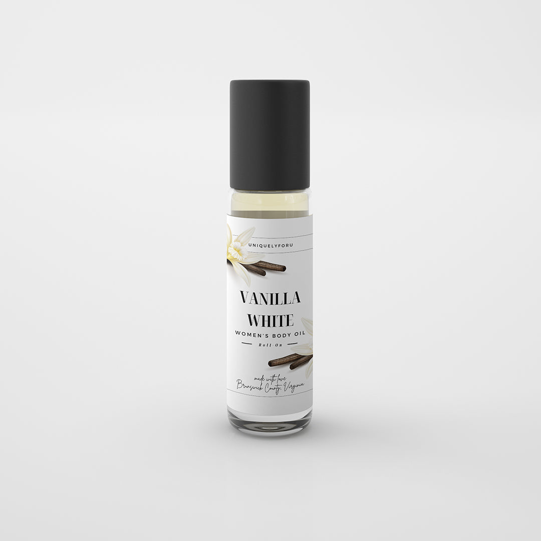 UniquelyForU Vanilla White Fragranced Body Oil Roll-on 1 oz made with love Brunswick County Virginia UNIQUELYFORU.COM