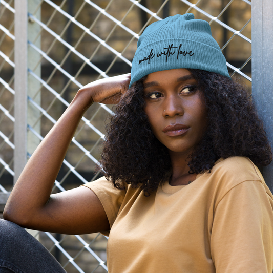 Made with Love Unisex Organic Ribbed Beanie Embroidered Black