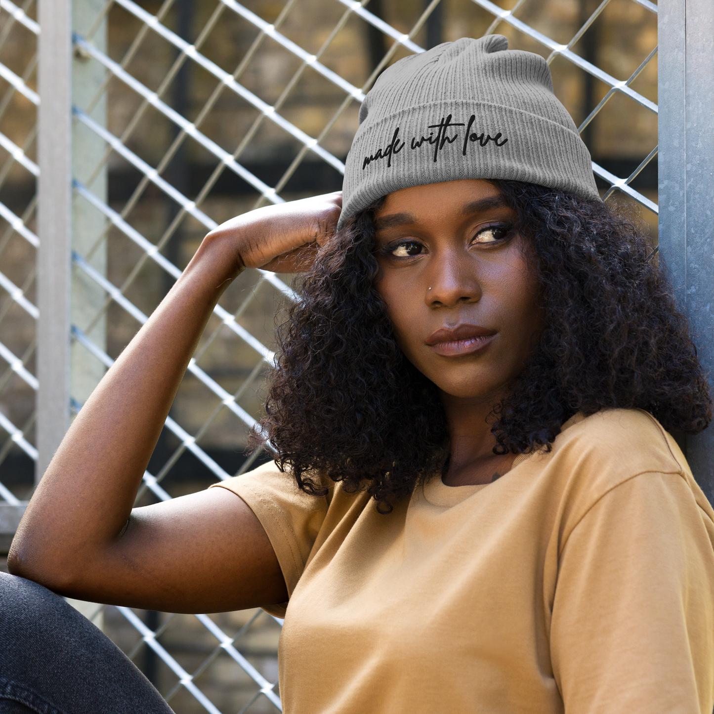 Made with Love Unisex Organic Ribbed Beanie Embroidered Black